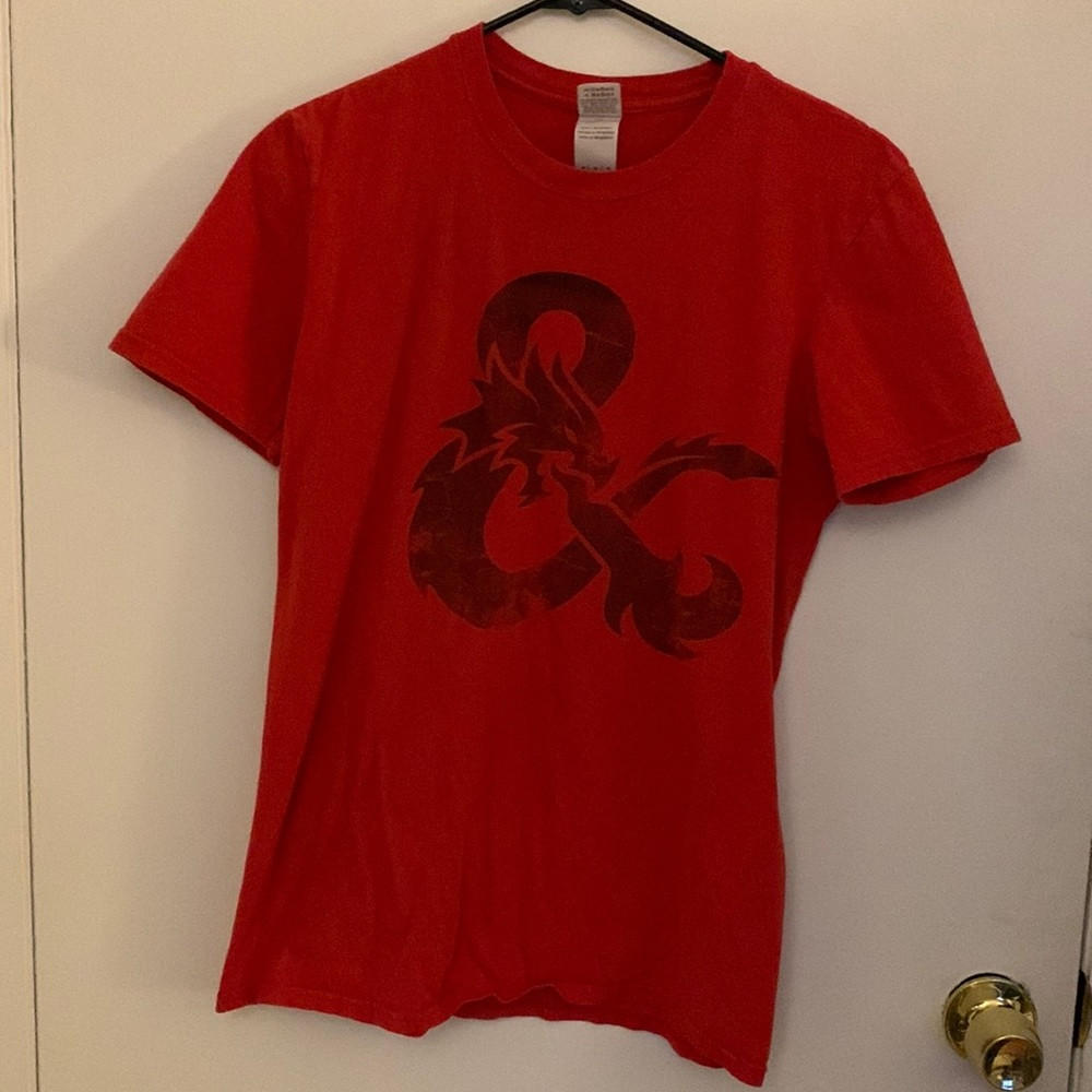 Red dragon short sleeve T-shirt with black tribal dragon